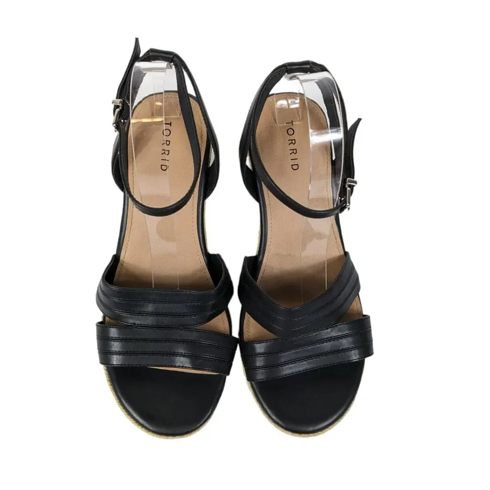 Torrid Womens Espadrille Heels 11 Strappy Jute Wedge Heels Black Straps Sandals